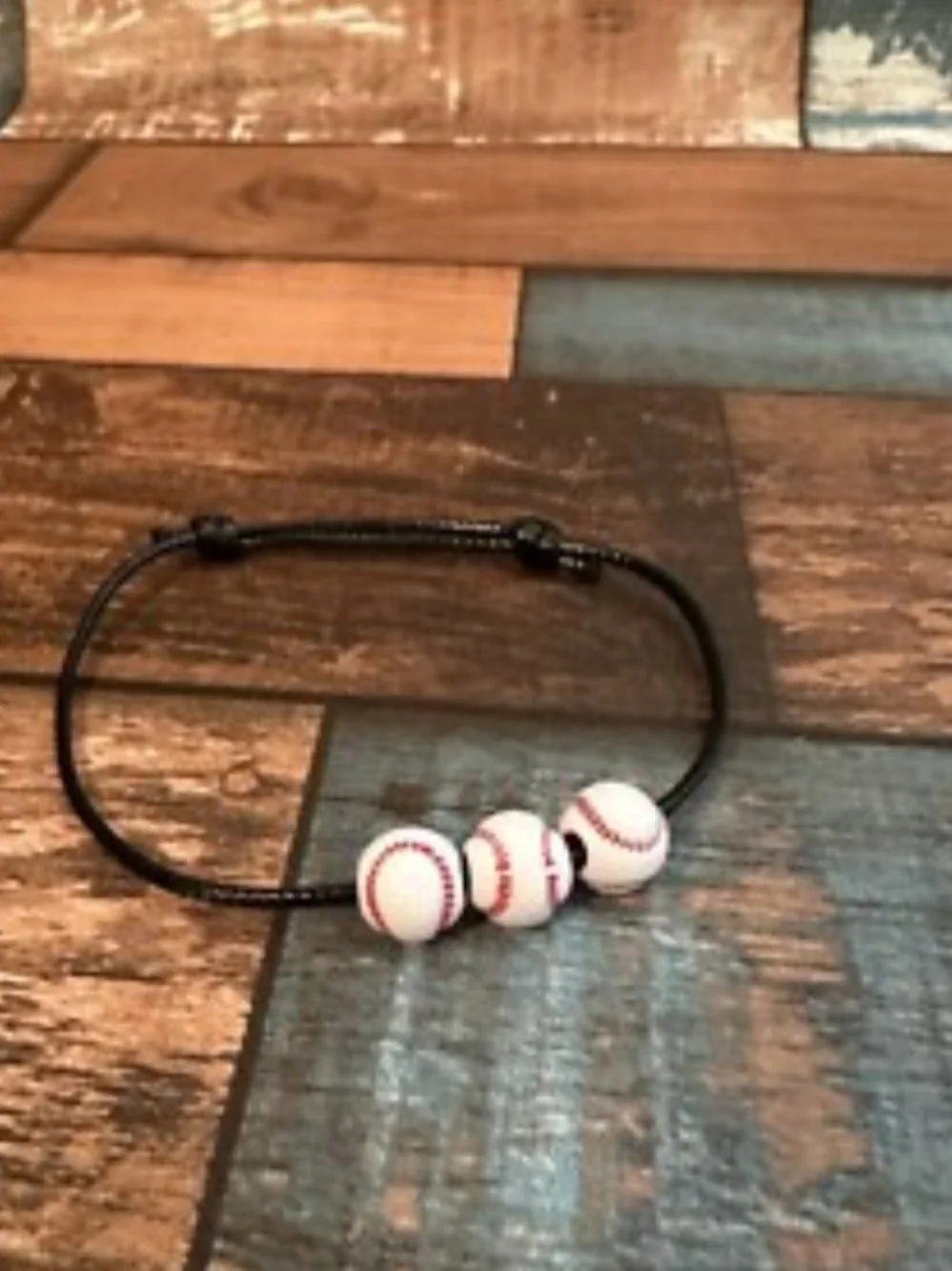Kids Black Cord Bracelet with White Baseball Beads - Sporty Accessory